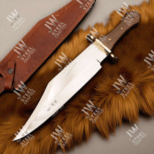 Load image into Gallery viewer, Hand Forged High Carbon Steel Bowie Knife, Clip Point Frontier Style Fixed Blade, Brass Guard, Rosewood Handle, Leather Sheath, JW SteelCrafts