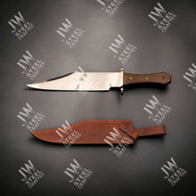 Load image into Gallery viewer, Hand Forged High Carbon Steel Bowie Knife, Clip Point Frontier Style Fixed Blade, Brass Guard, Rosewood Handle, Leather Sheath, JW SteelCrafts