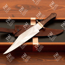 Load image into Gallery viewer, Hand Forged High Carbon Steel Bowie Knife, Clip Point Frontier Style Fixed Blade, Brass Guard, Rosewood Handle, Leather Sheath, JW SteelCrafts