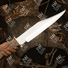 Load image into Gallery viewer, Hand Forged High Carbon Steel Bowie Knife, Clip Point Frontier Style Fixed Blade, Brass Guard, Rosewood Handle, Leather Sheath, JW SteelCrafts