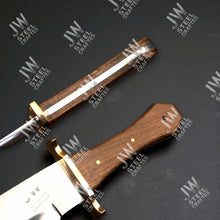 Load image into Gallery viewer, Hand Forged High Carbon Steel Bowie Knife, Clip Point Frontier Style Fixed Blade, Brass Guard, Rosewood Handle, Leather Sheath, JW SteelCrafts