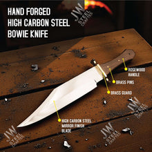 Load image into Gallery viewer, Hand Forged High Carbon Steel Bowie Knife, Clip Point Frontier Style Fixed Blade, Brass Guard, Rosewood Handle, Leather Sheath, JW SteelCrafts