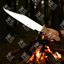 Load image into Gallery viewer, Hand Forged High Carbon Steel Bowie Knife, Clip Point Frontier Style Fixed Blade, Brass Guard, Rosewood Handle, Leather Sheath, JW SteelCrafts