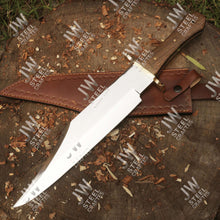 Load image into Gallery viewer, Hand Forged High Carbon Steel Bowie Knife, Clip Point Frontier Style Fixed Blade, Brass Guard, Rosewood Handle, Leather Sheath, JW SteelCrafts