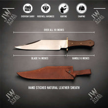 Load image into Gallery viewer, Hand Forged High Carbon Steel Bowie Knife, Clip Point Frontier Style Fixed Blade, Brass Guard, Rosewood Handle, Leather Sheath, JW SteelCrafts