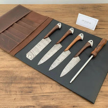 Load image into Gallery viewer, 5-Piece Damascus Cutlery Set with 9 inch Blades, Rosewood Handles, Leather Roll