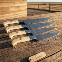 Load image into Gallery viewer, Hand-Forged Twisted Damascus Steak Knife Set (4 pcs) — Steel Bolster, Full Tang Construction