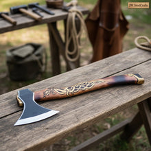 Load image into Gallery viewer, Hand-Forged Viking Bearded Camp Axe with Engraved Hardwood Handle