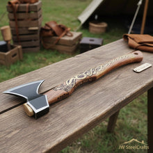 Load image into Gallery viewer, Hand-Forged Viking Bearded Camp Axe with Engraved Hardwood Handle