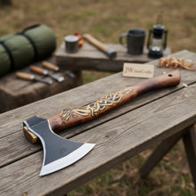 Load image into Gallery viewer, Hand-Forged Viking Bearded Camp Axe with Engraved Hardwood Handle