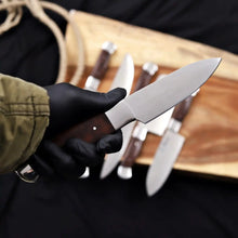 Load image into Gallery viewer, 6-Piece High Carbon Steel Kitchen Knife Set with Leather Roll — Olive Wood Handles, Steel Bolsters, 7 to 12 Inc