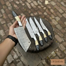 Load image into Gallery viewer, 5-Piece Damascus Chef Knife Set – Camel Bone and Black Micarta Handles