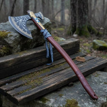 Load image into Gallery viewer, Hand Forged Viking Fantasy Double-Bit Axe with Norse Engraving, Gold Handle Fittings and Blue Gemstone Inlays