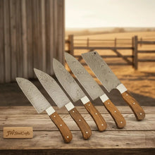 Load image into Gallery viewer, 5 Piece Damascus Kitchen Knife Set - Walnut Wood Handle Professional Cooking Knife Set