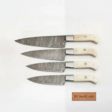 Load image into Gallery viewer, Handmade Damascus 3-Piece Kitchen Knife Set with Bone Handles, Slicing Carving and Chef Knives