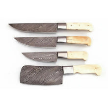 Load image into Gallery viewer, 4-Piece Damascus Kitchen Knife Set — Chef, Slicer, Utility &amp; Cleaver with White Camel Bone Handles &amp; Steel Bolsters | JW Steel Crafts