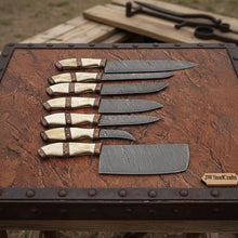 Load image into Gallery viewer, 7-Piece Handmade Damascus Kitchen Knife Set with Bone Handle and Leather Roll