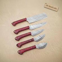 Load image into Gallery viewer, 6-Piece Handmade Damascus Kitchen Knife Set with Red Wood Handles