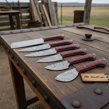Load image into Gallery viewer, 6-Piece Handmade Damascus Kitchen Knife Set with Red Wood Handles