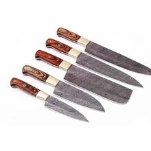 Load image into Gallery viewer, Handmade Damascus Kitchen Knife Set with Pakka Wood Handles and Leather Roll, Full Tang Chef Santoku Cleaver Utility and Paring Knives, Professional Culinary Collection