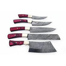Load image into Gallery viewer, 5-Piece Handmade Damascus Kitchen Knife Set – Red Pakkawood Handles &amp; Brass Bolsters | Chef, Santoku, Bread, Utility &amp; Cleaver