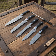 Load image into Gallery viewer, 5-Piece Damascus Kitchen Knife Set — 9" Uniform Blades, Black Handles with Steel Bolsters, Leather Roll &amp; Honing Rod