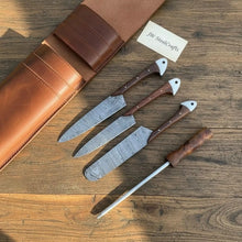 Load image into Gallery viewer, 5-Piece Damascus Cutlery Set with 9 inch Blades, Rosewood Handles, Leather Roll