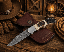 Load image into Gallery viewer, Handcrafted Damascus Pocket Knife – Engraved Folding Knife with Stag Horn &amp; Pakka Wood Handle | Custom EDC Hunting Knife Gift for Men