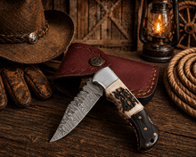 Load image into Gallery viewer, Handcrafted Damascus Pocket Knife – Engraved Folding Knife with Stag Horn &amp; Pakka Wood Handle | Custom EDC Hunting Knife Gift for Men