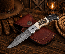 Load image into Gallery viewer, Handcrafted Damascus Pocket Knife – Engraved Folding Knife with Stag Horn &amp; Pakka Wood Handle | Custom EDC Hunting Knife Gift for Men