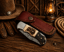Load image into Gallery viewer, Handcrafted Damascus Pocket Knife – Engraved Folding Knife with Stag Horn &amp; Pakka Wood Handle | Custom EDC Hunting Knife Gift for Men