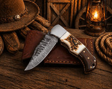 Load image into Gallery viewer, Handcrafted Damascus Pocket Knife – Engraved Folding Knife with Stag Horn &amp; Wood Handle | Custom Gift for Men, EDC Hunting Knife