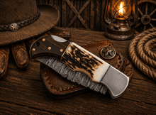 Load image into Gallery viewer, Handcrafted Damascus Pocket Knife – Engraved Folding Knife with Stag Horn &amp; Wood Handle | Custom Gift for Men, EDC Hunting Knife