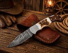 Load image into Gallery viewer, Handcrafted Damascus Pocket Knife – Engraved Folding Knife with Stag Horn &amp; Wood Handle | Custom Gift for Men, EDC Hunting Knife