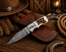 Load image into Gallery viewer, Handcrafted Damascus Pocket Knife – Engraved Folding Knife with Stag Horn &amp; Wood Handle | Custom Gift for Men, EDC Hunting Knife
