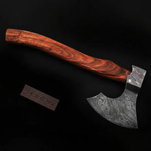 Load image into Gallery viewer, Traditional Norse Bearded War Axe (Skeggøx) featuring Damascus Steel Head, Solid Wood Handle, Sheath Included