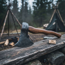 Load image into Gallery viewer, Handcrafted Damascus Utility Hatchet – Bearded Blade Style, Solid Wood Handle, Sheath Included