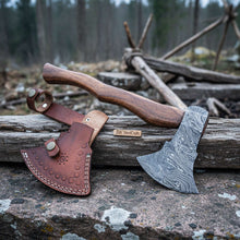 Load image into Gallery viewer, Handcrafted Damascus Utility Hatchet – Bearded Blade Style, Solid Wood Handle, Sheath Included