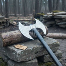 Load image into Gallery viewer, Handcrafted Double-Headed Decorative Axe featuring Nordic-style Engravings and Cord-wrapped Grip