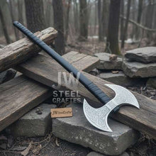 Load image into Gallery viewer, Handcrafted Double-Headed Decorative Axe featuring Nordic-style Engravings and Cord-wrapped Grip