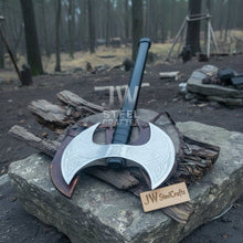 Load image into Gallery viewer, Handcrafted Double-Headed Decorative Axe featuring Nordic-style Engravings and Cord-wrapped Grip