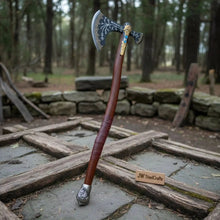 Load image into Gallery viewer, Hand Forged Viking Fantasy Double-Bit Axe with Norse Engraving, Gold Handle Fittings and Blue Gemstone Inlays