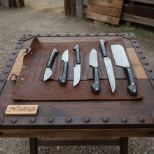 Load image into Gallery viewer, 6-Piece Damascus Kitchen Knife Set with Leather Roll — Black Resin Handles, Steel Bolsters, 7 to 10 Inch Blades | JW Steel Crafts