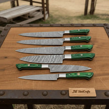 Load image into Gallery viewer, 6-Piece Damascus Kitchen Knife Set with Green Wood Handle - Professional Cooking Collection