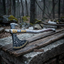Load image into Gallery viewer, Hand Forged Viking Fantasy Double-Bit Axe with Norse Engraving, Gold Handle Fittings and Blue Gemstone Inlays