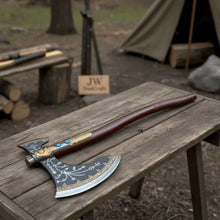Load image into Gallery viewer, Hand Forged Viking Fantasy Double-Bit Axe with Norse Engraving, Gold Handle Fittings and Blue Gemstone Inlays