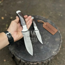 Load image into Gallery viewer, 3-Piece High Carbon Steel Kitchen Knife Set — Cleaver, Chef &amp; Paring Knife with Dark Rosewood Handles &amp; Leather Sheaths