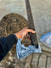 Load image into Gallery viewer, Handcrafted Viking Shield with Matching Engraved Axe – Nordic Art Decor Set