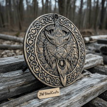 Load image into Gallery viewer, Handcrafted Viking Shield with Matching Engraved Axe – Nordic Art Decor Set