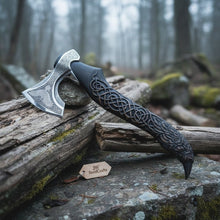 Load image into Gallery viewer, Handcrafted Viking-Style Bearded Axe with Engraved Steel Head and Carved Hardwood Handle